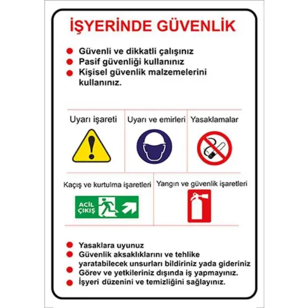 İş Yerinde Güvenlik Talimatları Uyarı Levhası