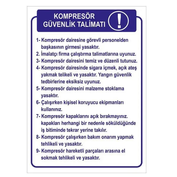 Kompresör Güvenlik Talimatı Uyarı Levhası